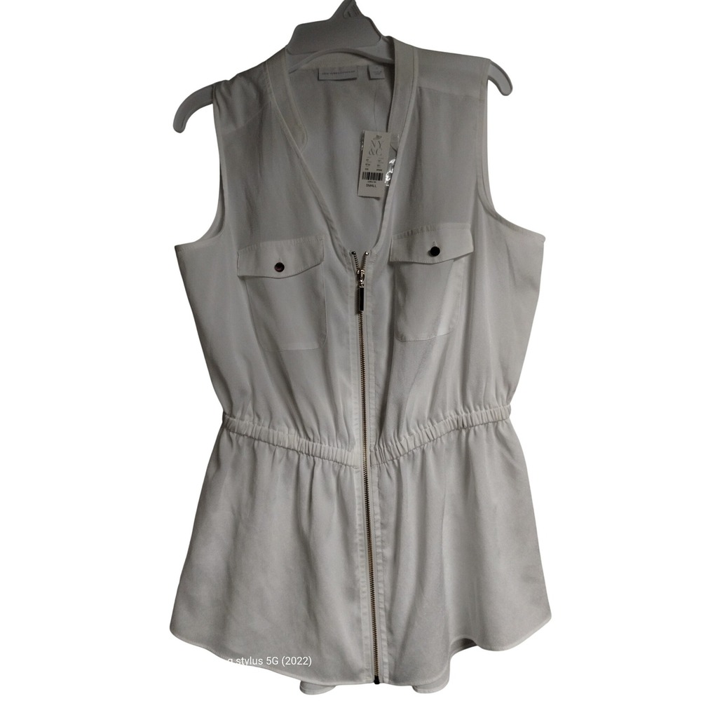 New York & Company White Sleeveless Zip Front Elastic‎ Waist Blouse S 9744 NWT
